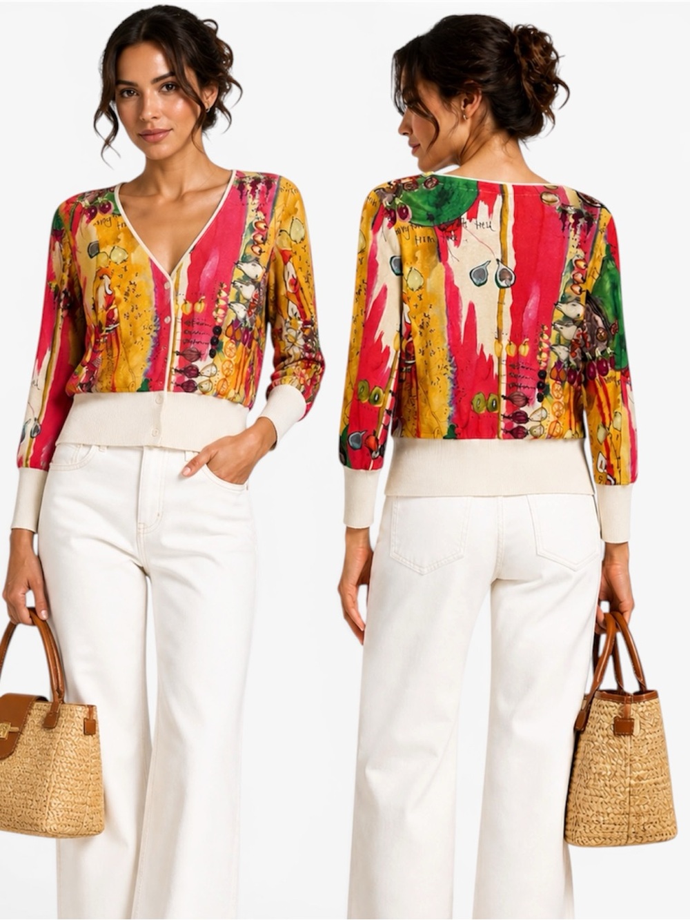 Aldo Martins Art Knit Watercolor Fruit Cardigan Wearable‎ Art Cropped Size 4